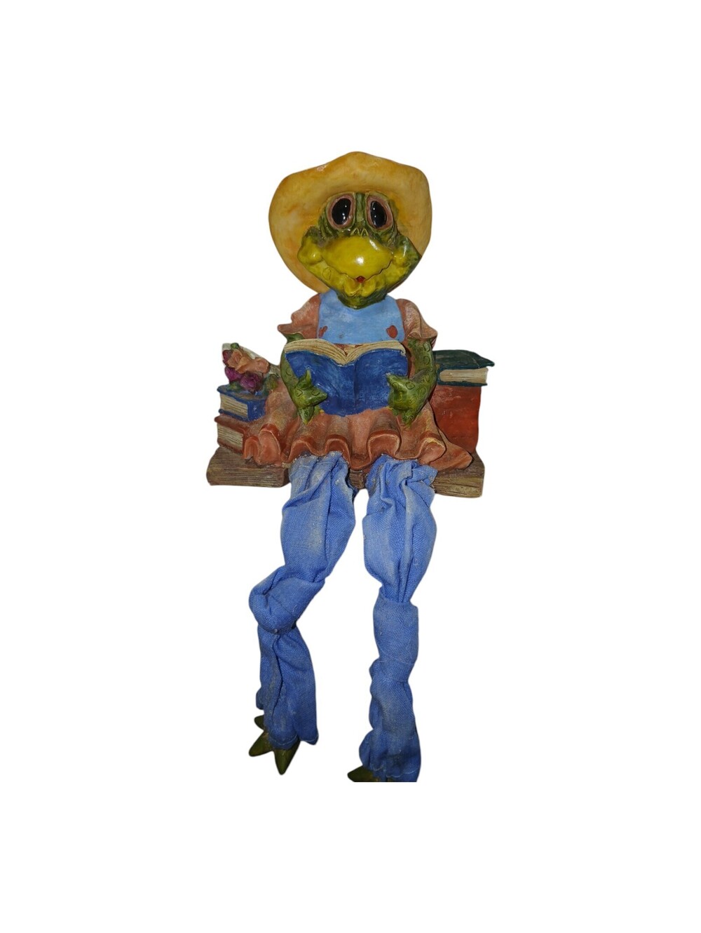 Anthropomorphic Frog Reading Book with Hat Jeans Shelf Sitter Farmhouse Decor